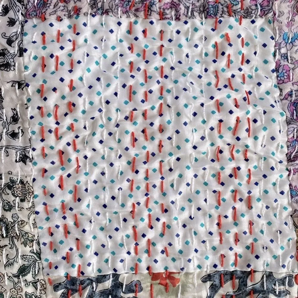 Kantha Silk Blend Throw Blanket Patchwork Quilt Multicolor  66” x 86”